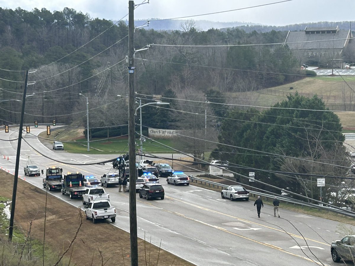 Large presence of Irondale Police and Alabama State Troopers on Grants Mill Rd near Church of the Highlands in Irondale.